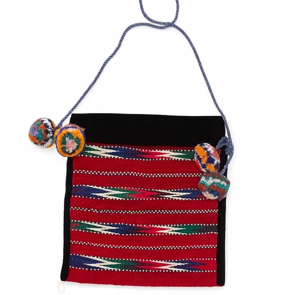 Ethnic Wool Bag with Velvet Trim & Pom-Poms
